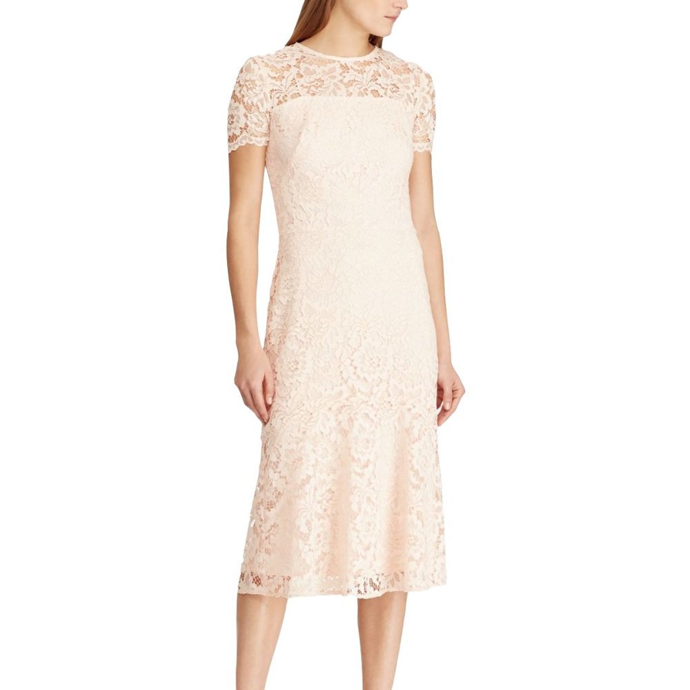 Ralph Lauren Women's Lace Blush Pink Short sleeve Midi Cocktail Dress, size 8